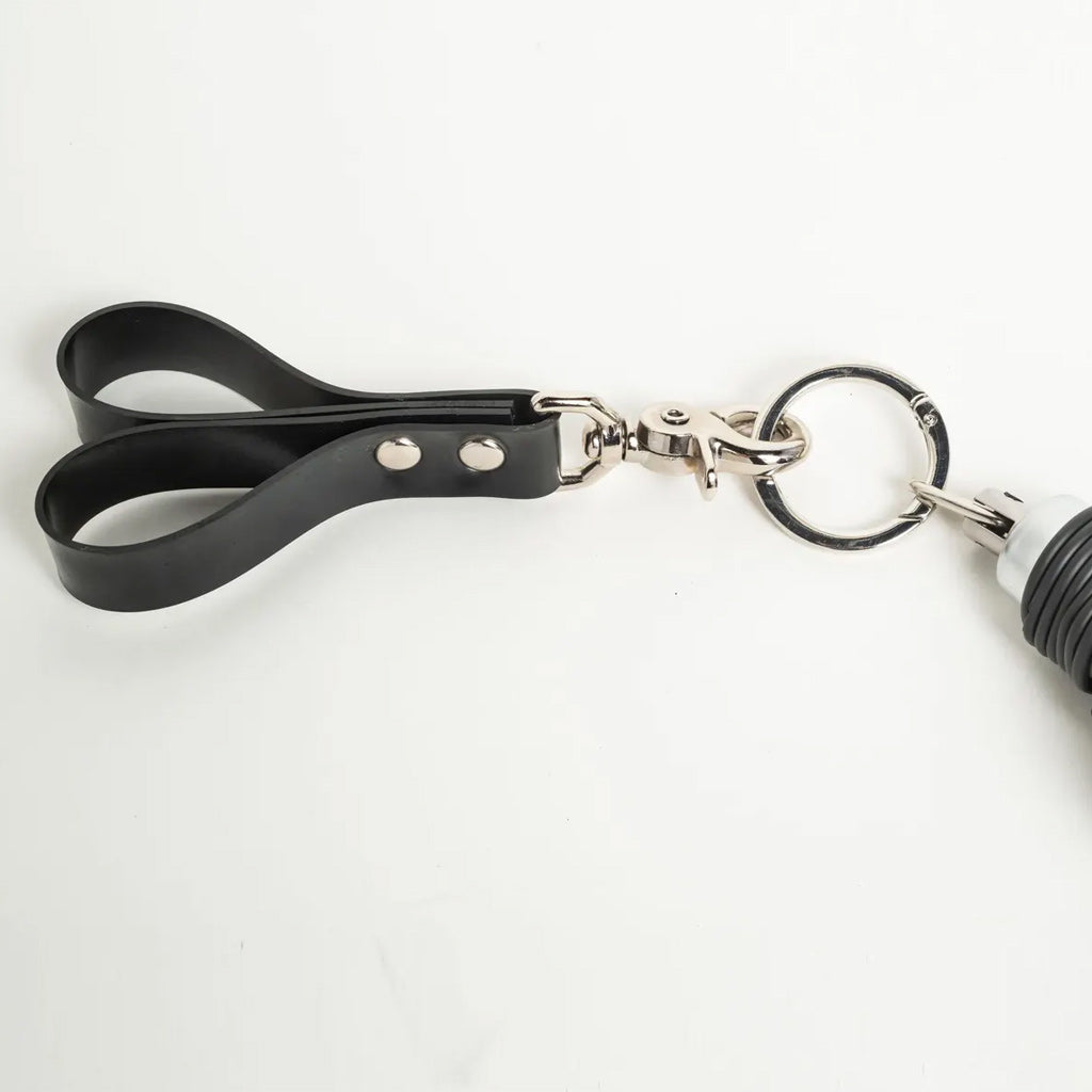 Black rubber ring attachment for with metal clasp on a white background