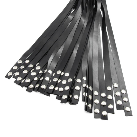 Black flogger falls with metal studs on a white background