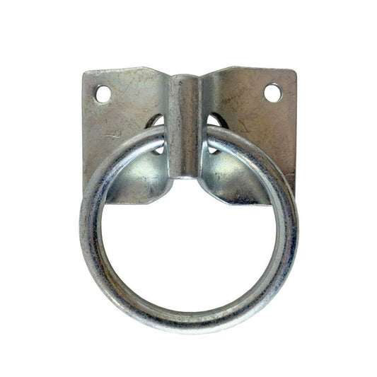 The Tie Ring for bondage suspension is displayed against a blank background. It is made of silver metal and is an O-ring that is looped through a steel plate.