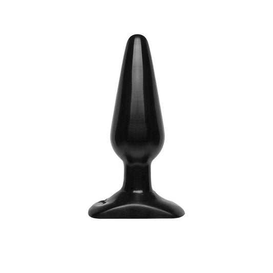 The Black Anal Plug, size Medium by Doc Johnson is shown against a blank background. It is a black rubber butt plug.