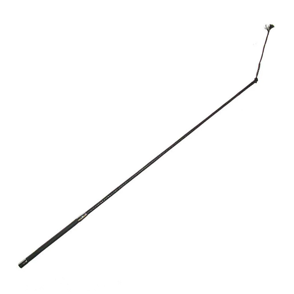 The black Flicker Whip, which has a leather-covered handle and a black nylon tassel at the end, is displayed against a blank background.