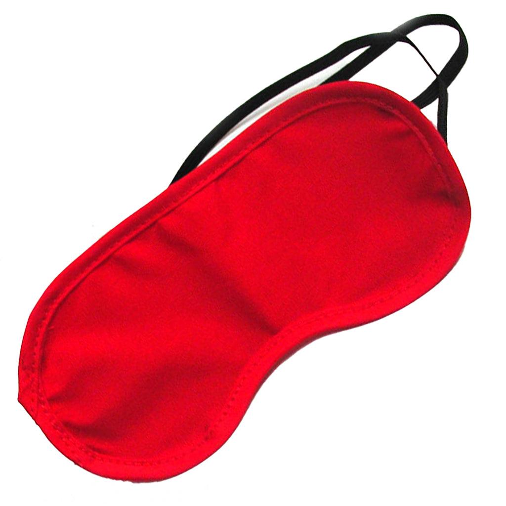 Cathy’s Blindfold in red is displayed against a blank background. It is a BDSM blindfold made of shiny red nylon fabric with two thin, black elastic straps.