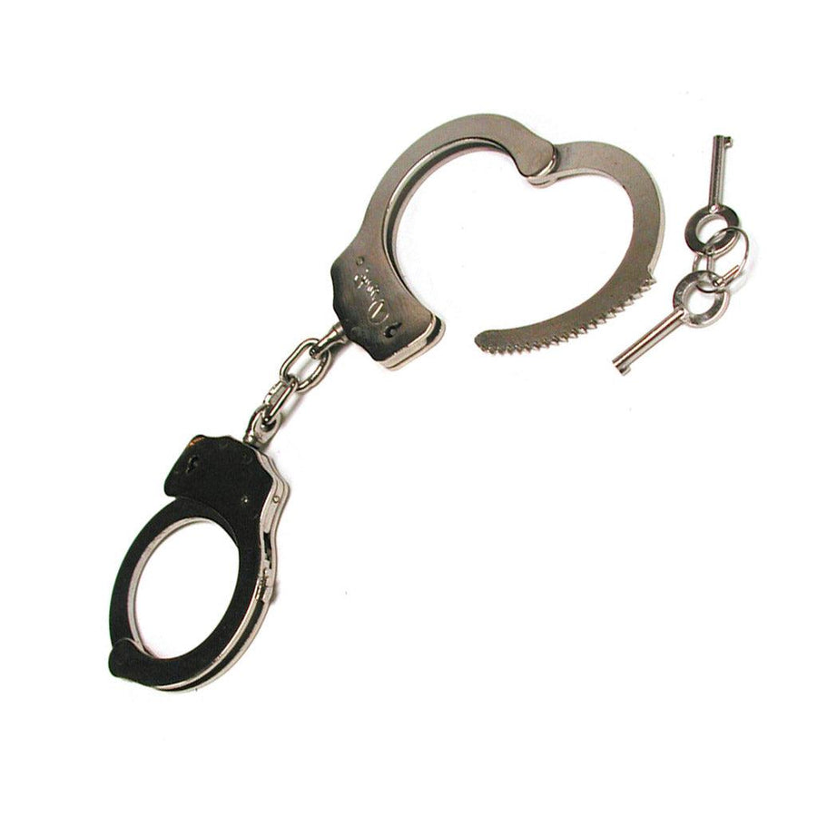 The silver Double Lock Handcuffs are displayed against a blank background along with their keys. They resemble basic police cuffs with a short connecting chain.