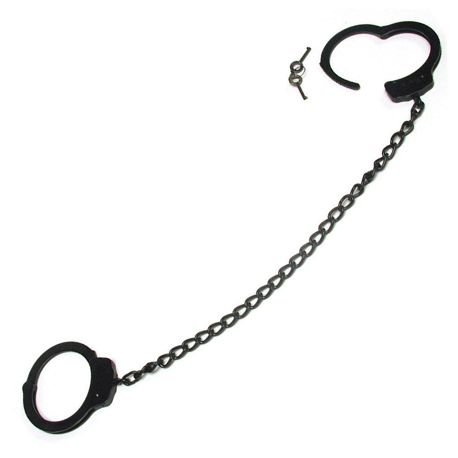 The black Double Lock Legcuffs are displayed against a blank background. They resemble basic police cuffs with a long chain connecting them.