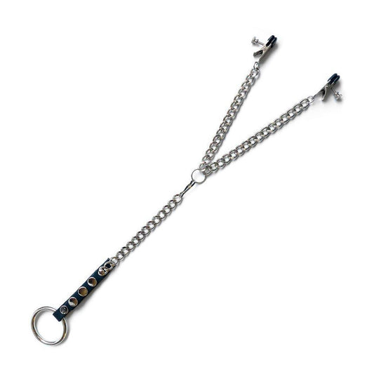 The Nipple Clamps/Cock Ring Set is displayed against a blank background. The silver clamps are attached to a Y-shaped chain, which connects to a leather strap with a metal cock ring at the bottom.