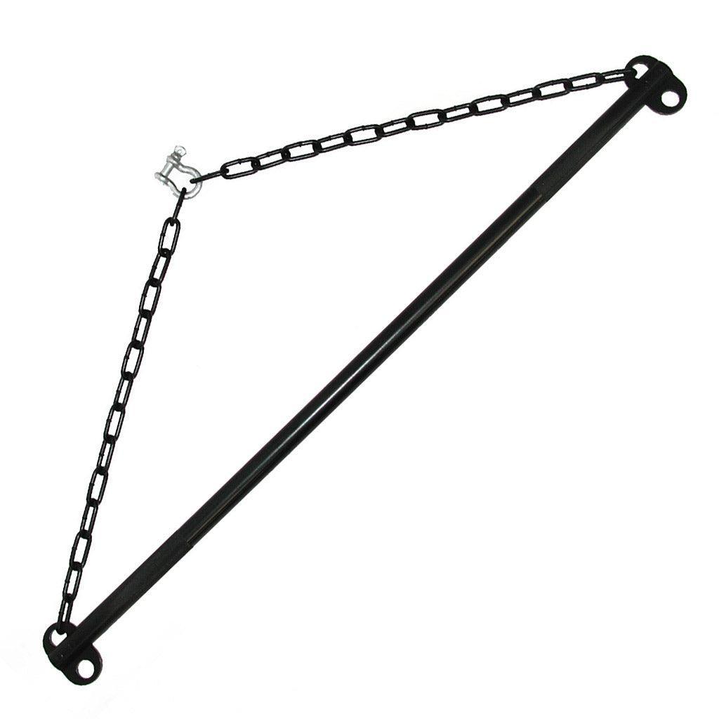 The black Steel Suspension Bar is shown against a blank background. It is a black rod with eyebolts at the top and bottom of each end. Black chains are connected to the top eyebolts and are connected to each other with a metal horseshoe bolt.
