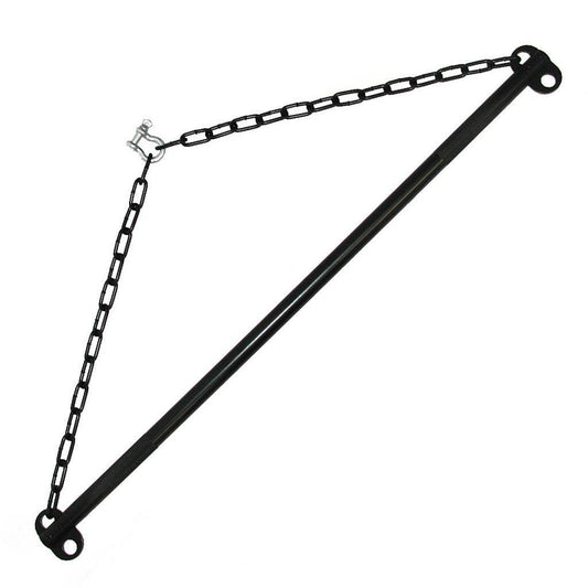 The black Steel Suspension Bar is shown against a blank background. It is a black rod with eyebolts at the top and bottom of each end. Black chains are connected to the top eyebolts and are connected to each other with a metal horseshoe bolt.
