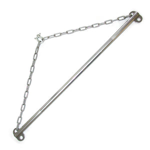 The chrome Steel Suspension Bar is shown against a blank background. It is a chrome rod with eyebolts at the top and bottom of each end. Silver chains are connected to the top eyebolts and are connected to each other with a metal horseshoe bolt.
