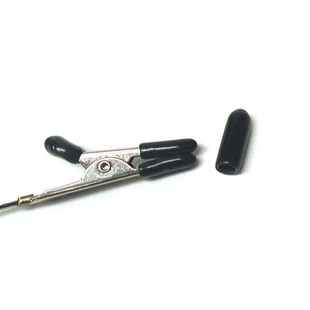 A spare black small Extra Tip For Nipple Clamps is displayed against a blank background next to a nipple clamp with rubber tips on it.