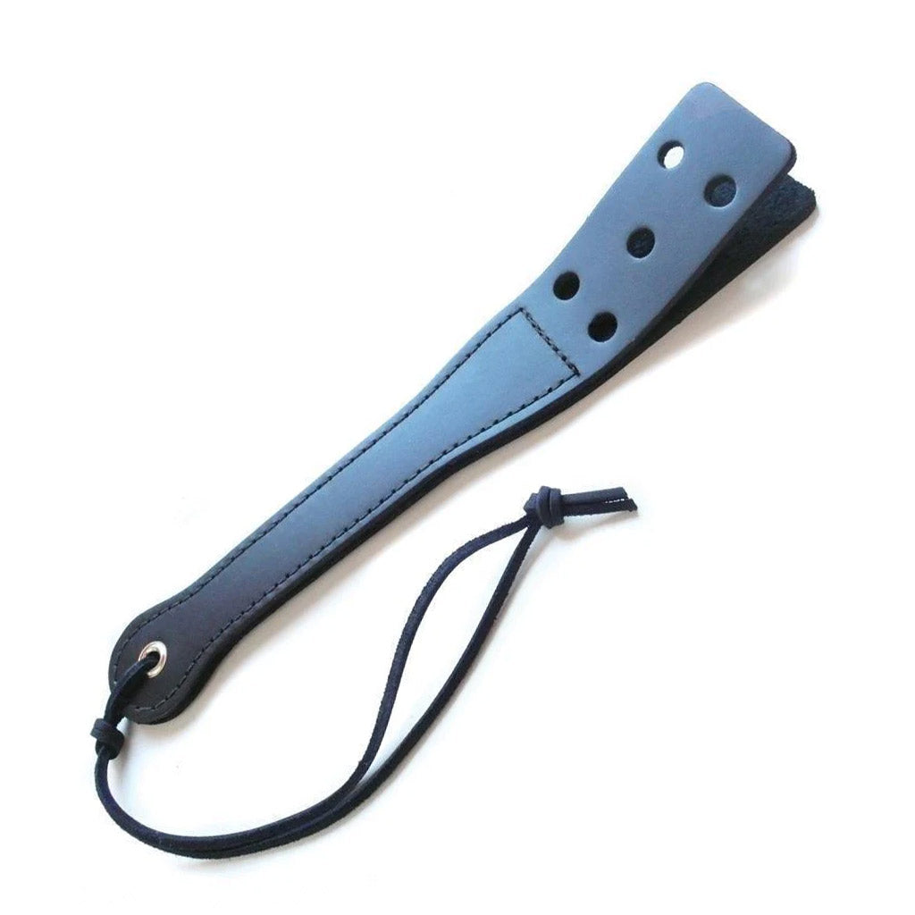 The 12-inch Slapper With Holes is displayed against a blank background. It is made of black leather with a wrist loop at the base of the handle and two split leather tabs with holes in them at the top.