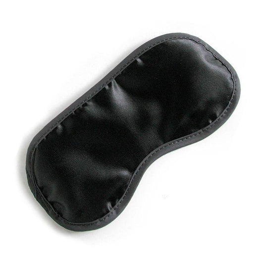 Cathy's Satin Blindfold in black is displayed against a blank background. It is a classic blindfold made of shiny black satin.