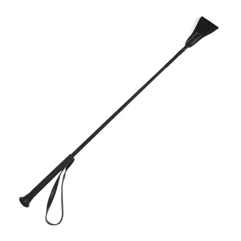 The Short Event Bat, a riding crop with a black handle and nylon rod with a triangular black leather tab at the top, is displayed against a blank background. There is a wrist loop on the handle.