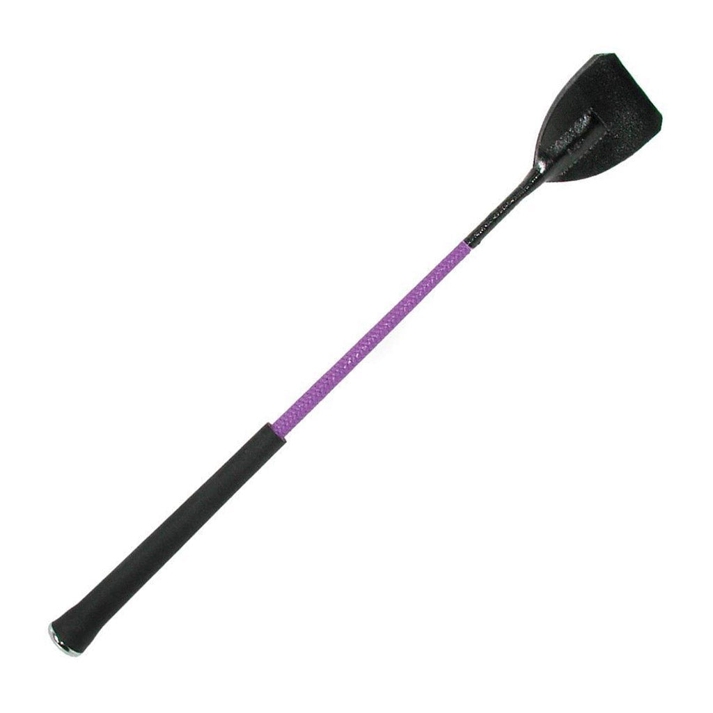 The Short Purple Riding Crop is displayed against a blank background. It is made of a black handle and a short purple nylon rod with a black leather tab at the top.