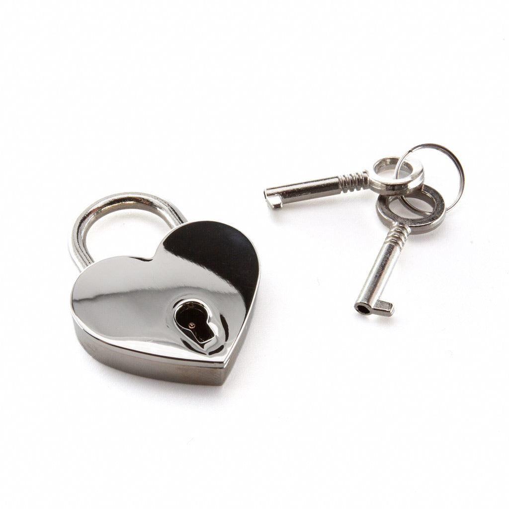 The Large Heart Padlock is displayed against a blank background with two keys. The main part of the lock is shaped like a heart. The lock is silver and shiny.