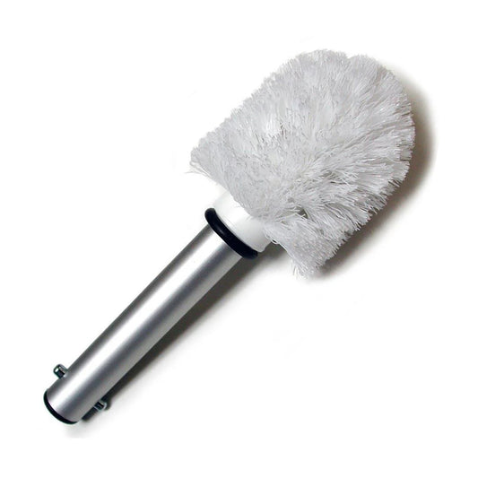 The Toilet Brush Attachment For Scott Paul's Humiliator Gag, made of a round, white toilet brush attached to a metal rod, is displayed against a blank background.