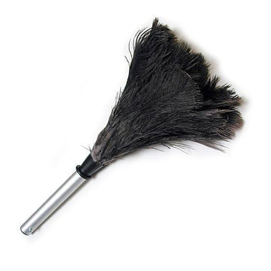 The Feather Duster Attachment For Scott Paul's Humiliator Gag, made of a grey feather duster attached to a metal rod, is displayed against a blank background.