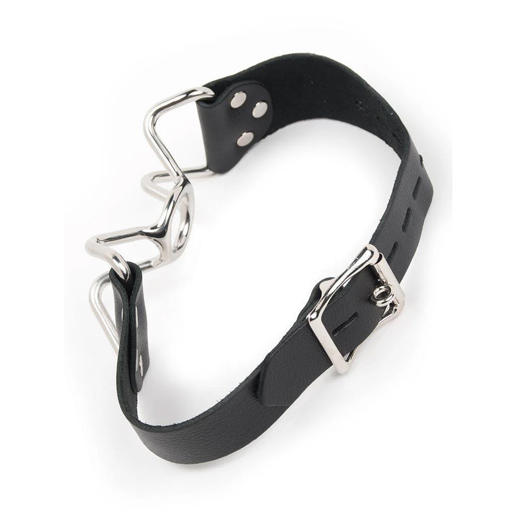 The Spider Gag is shown fromg the back against a blank background, displaying the gag's adjustable leather strap and lockable metal buckle.