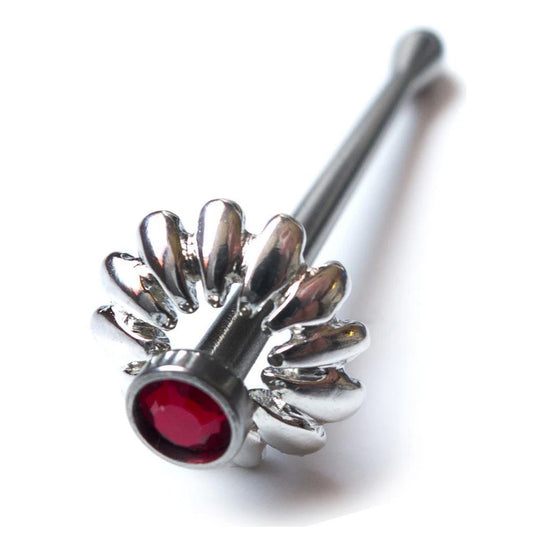 The top end of the Julian Snelling Rosebuds Flowerpin Urethral Insert is shown on a white background. A red gemstone accents the the top.