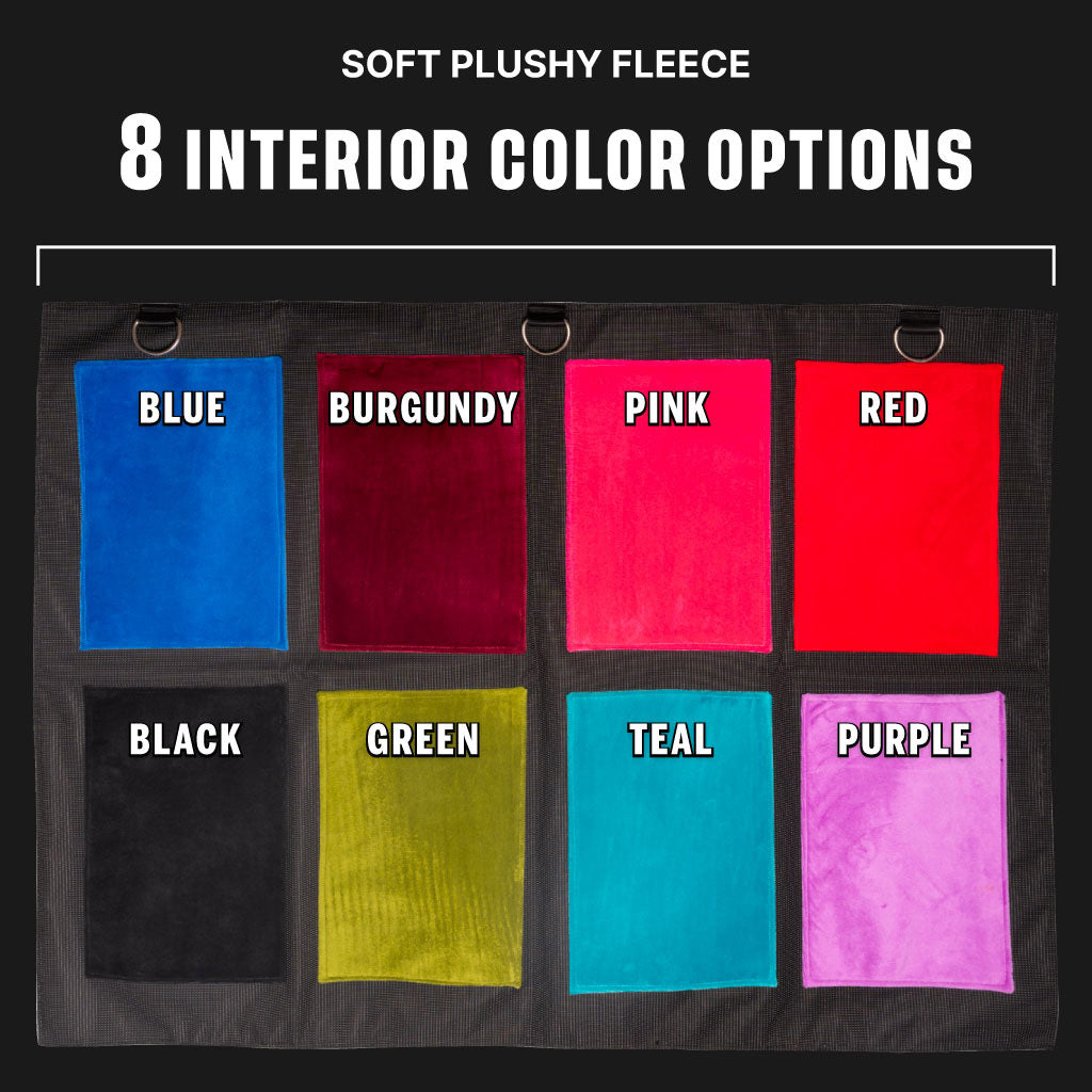 Eight patches of sample cloth showing available interior options: Blue, Burgundy, Pink, Red, Black, Green, Teal, Purple.