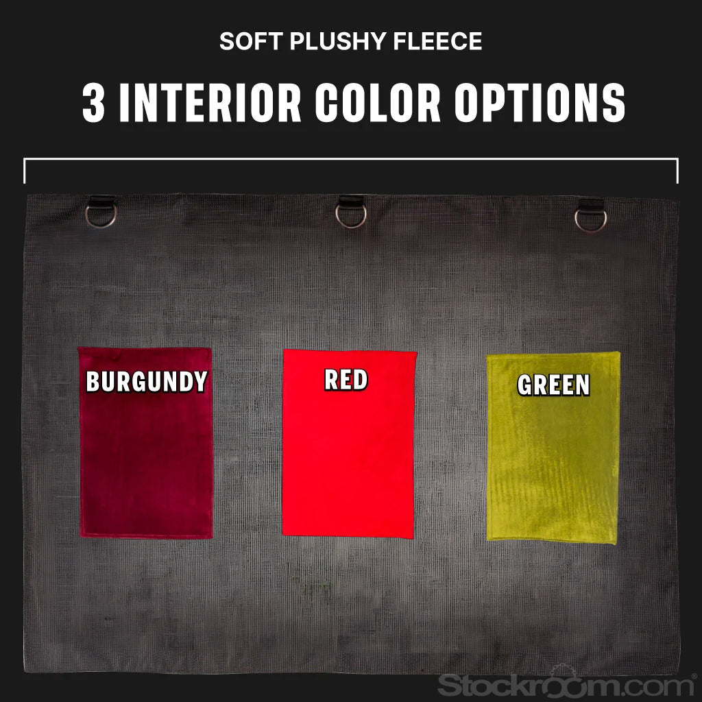 Eight patches of sample cloth showing available interior options: Burgundy, Red, Green.