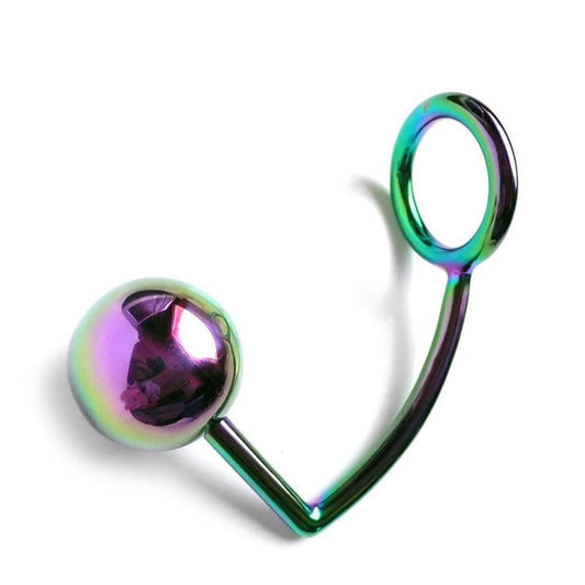 The rainbow stainless steel Trailer Hitch is displayed against a blank background. A hooked piece of steel has an anal plug ball on one end and a cock ring on the other.
