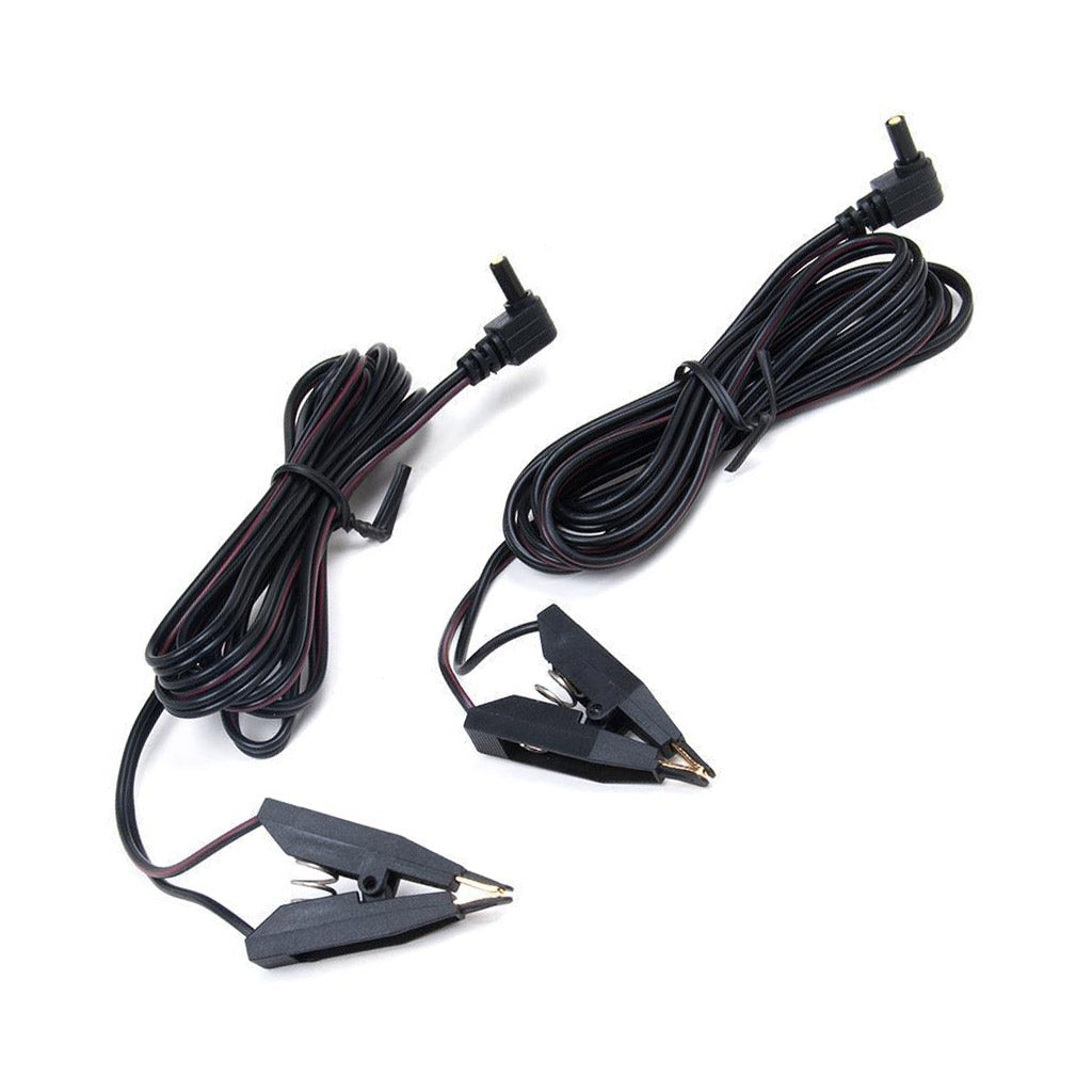A pair of Mystim Barry Bite Bi-Polar Clamps are displayed against a blank background. They are black with metal tips and resemble tweezer tips with a cord at the bottom of each clamp.