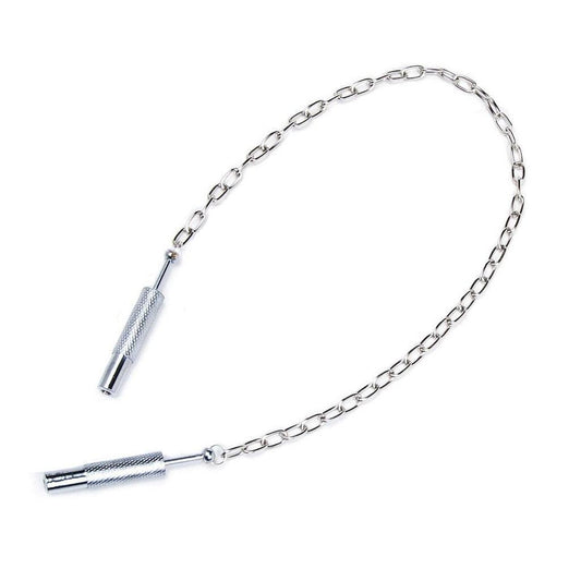 The Extreme Talon Nipple Clamps are shown against a blank background with their claws retracted. The clamps are silver metal cylinders with a small rod at the bottom that can be pushed to expose the claws. A silver chain link attaches them at the rods.