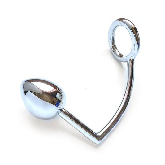 The Trailer Hitch Kingpin anal plug and cock ring is displayed against a blank background. It is a hooked rod with a tapered plug on one end and a ring on the other end.