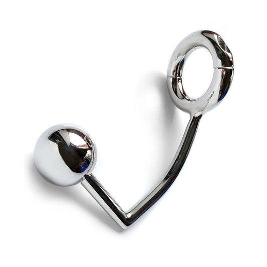 The silver stainless steel Trailer Hitch Jake Brake anal plug is displayed against a blank background. It is a hooked rod with a ball at one end and a thick ring at the other.