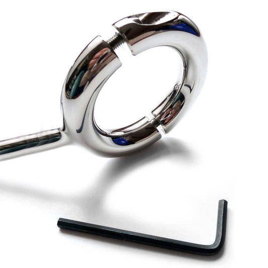 A close-up of the ring on the Trailer Hitch Jake Brake anal plug is displayed against a blank background with a small allen wrench next to it. The two halves of the ring are slightly separated, revealing a threaded screw on each side.