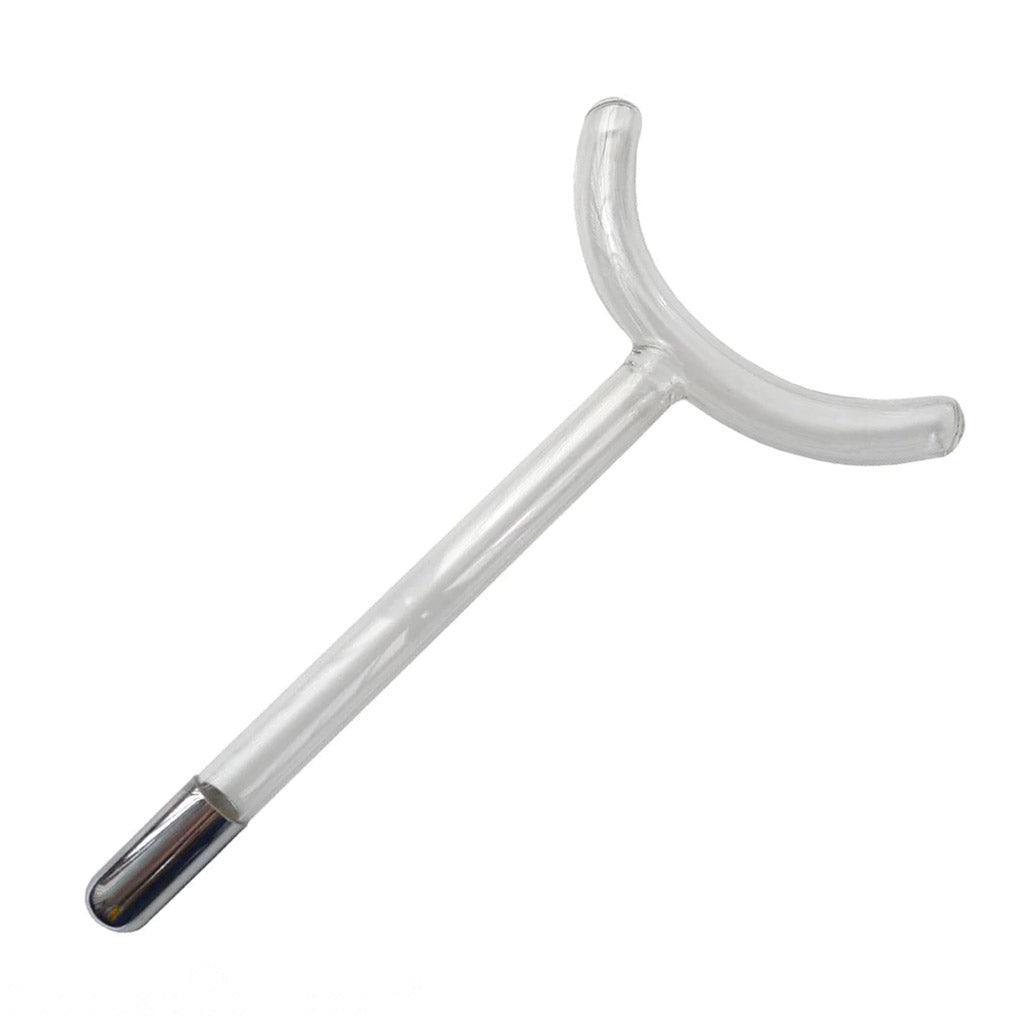 The KinkLab Curved Y Neon Wand® Electroplay Attachment is displayed against a blank background. The attachment is made of a thin glass tube shaped like a curved Y with a metal cap on the bottom.