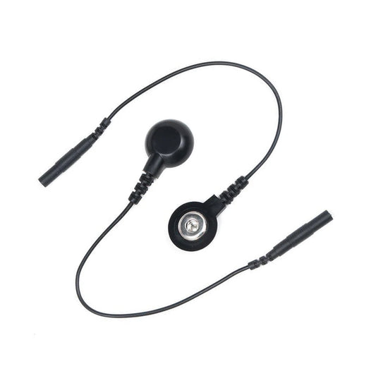 A pair of Mystim Adaptor Wire Snap Fasteners (Female) To 2mm Plug Junctions are displayed against a blank background.