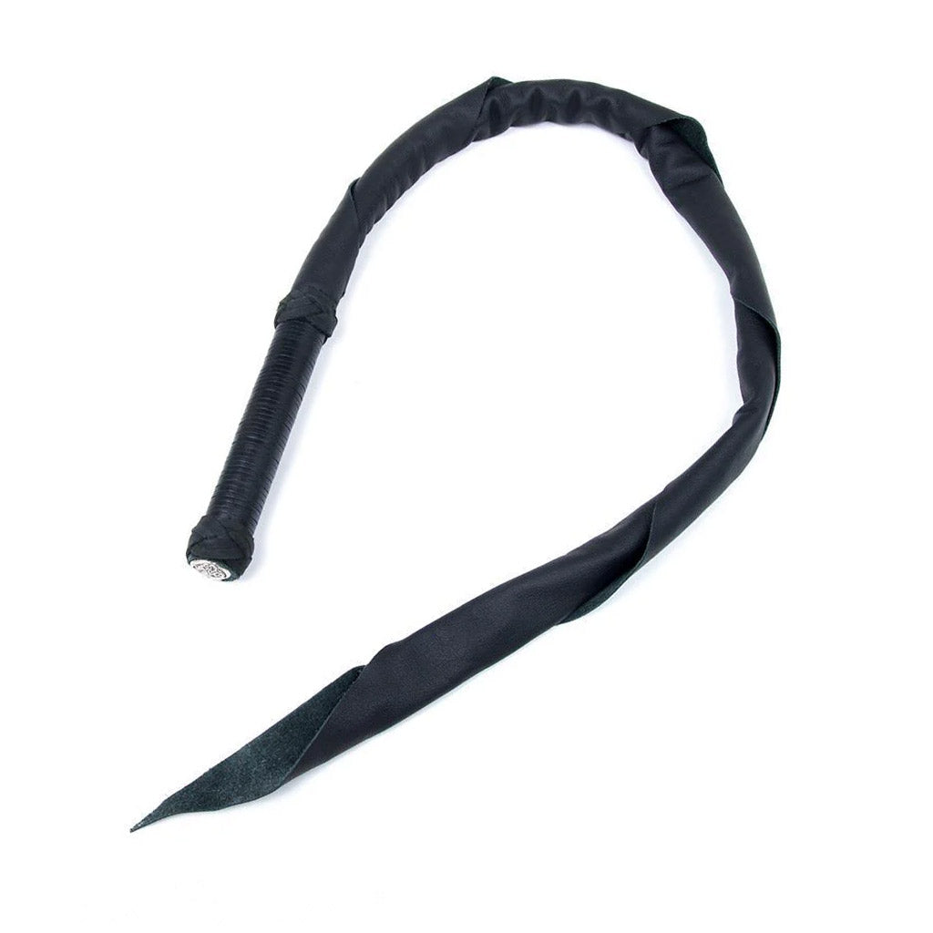 The Black leather Dragon Tail whip from Dragontailz is displayed against a blank background. The whip is a long, coiled piece of black leather ending in a point with a black leather-wrapped handle.
