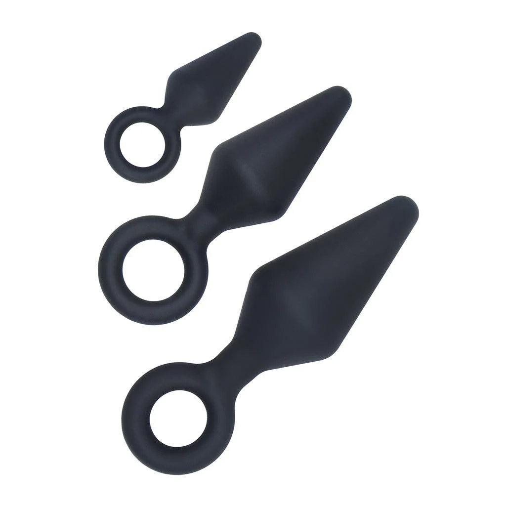 Three black silicone butt plugs, in varying sizes from small to large.