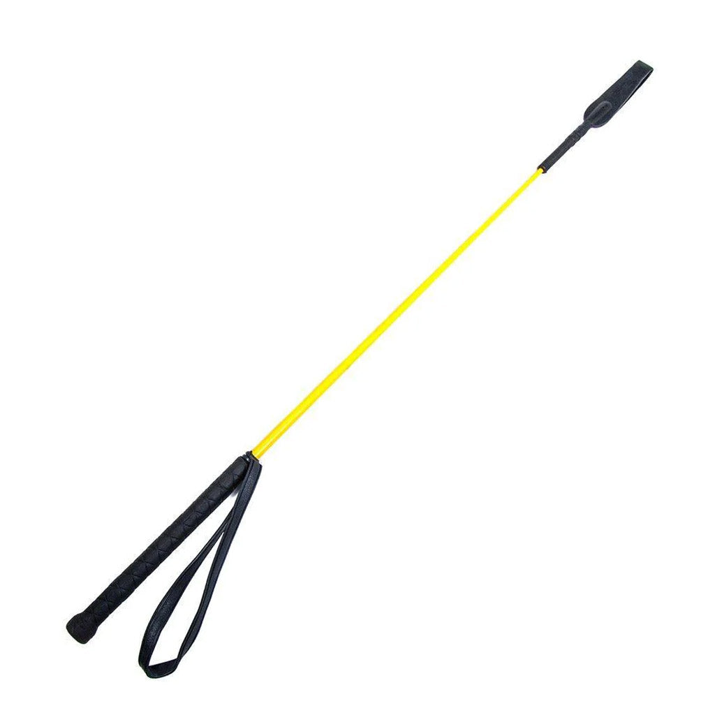 The Yellow Basic Riding Crop With A Wrist Loop is displayed against a blank background. The crop has a black PVC-wrapped handle, a yellow rod, and a thin, rectangular black leather tab.