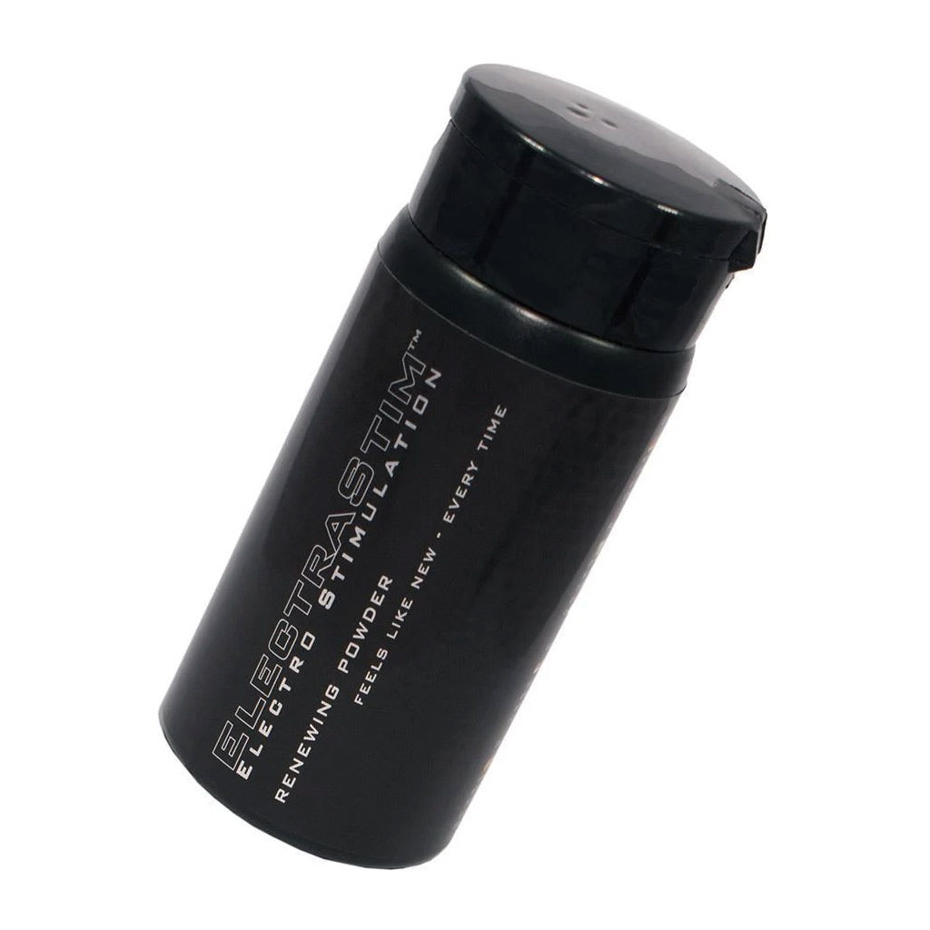 The Electrastim Renewing Powder For Tpe "Jack Socket" Sleeves is displayed against a blank background. It is a black plastic bottle.