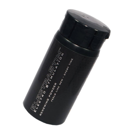 The Electrastim Renewing Powder For Tpe "Jack Socket" Sleeves is displayed against a blank background. It is a black plastic bottle.