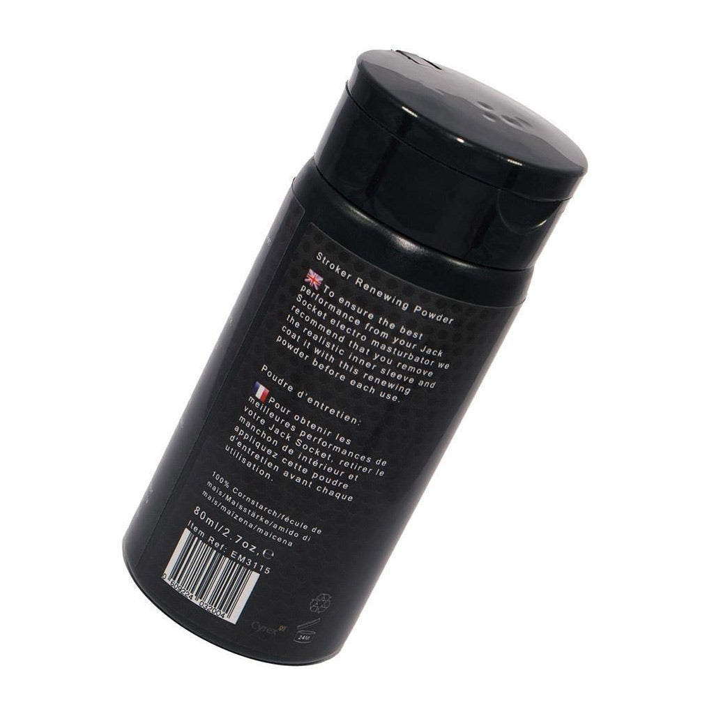 The Electrastim Renewing Powder For Tpe "Jack Socket" Sleeves is displayed against a blank background. It is a black plastic bottle.