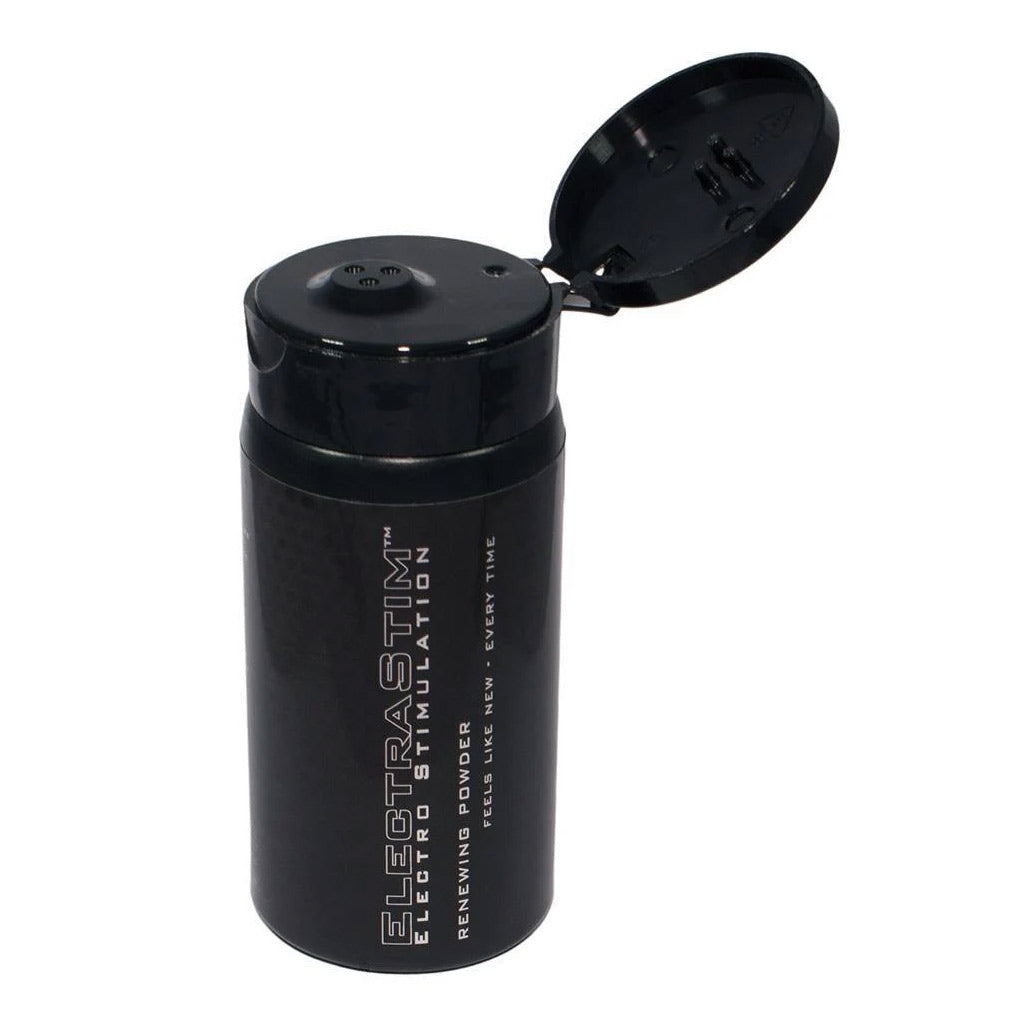 The Electrastim Renewing Powder For Tpe "Jack Socket" Sleeves is displayed against a blank background with the cap flipped open.