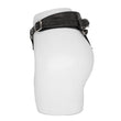 Load image into Gallery viewer, The Minx Licorice Leather Strapon Harness is displayed from the side on the lower half of a mannequin against a blank background. It has an adjustable buckle on the side.