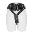Load image into Gallery viewer, The Minx Licorice Leather Strapon Harness is displayed from the back on the lower half of a mannequin against a blank background. The back of the harness has corset-style lacing.