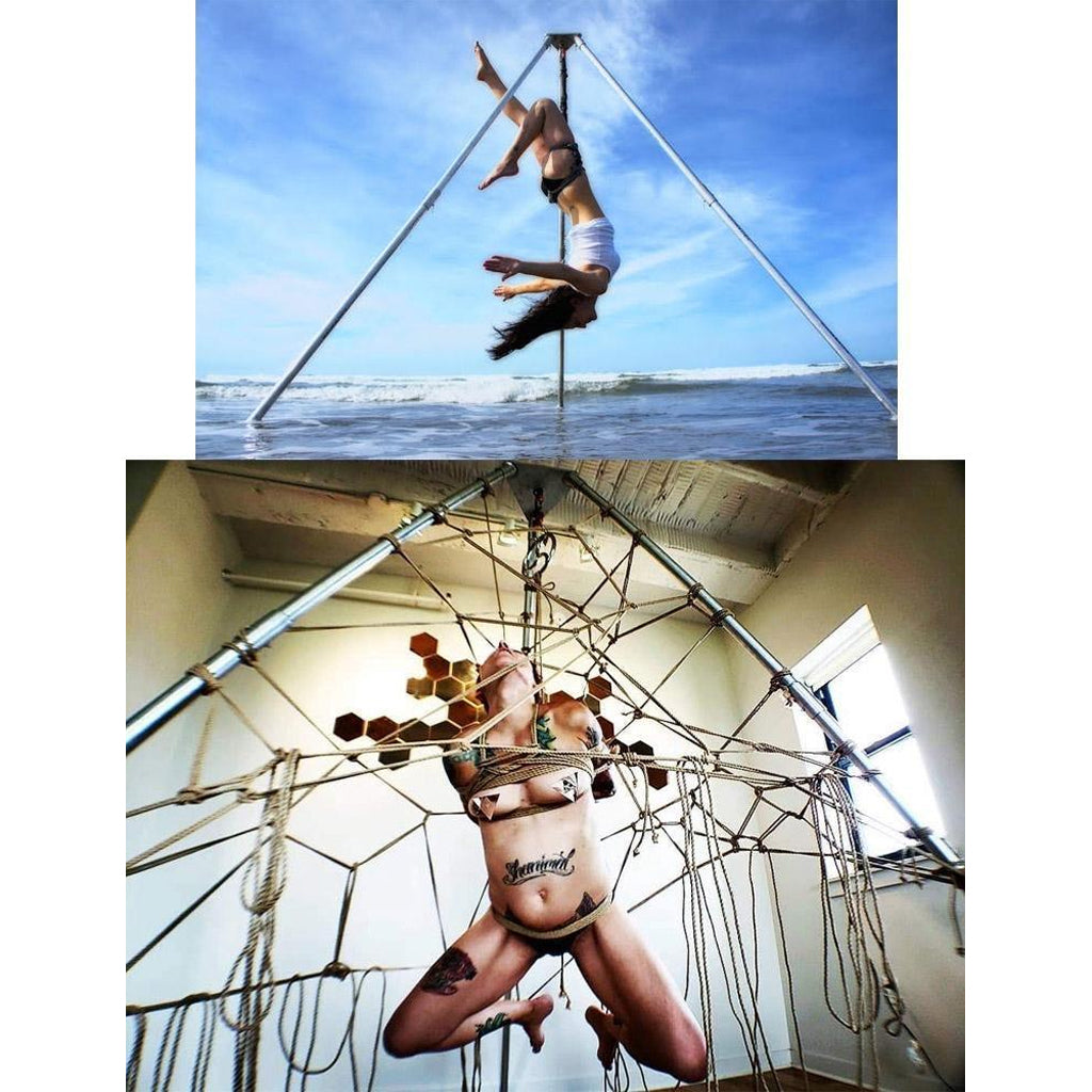 Two photos are stacked ontop of each other. The top photo shows a woman suspended upside down by her hips from the Tetruss Suspension Bondage Frame while on the beach. The lower photo shows a nude person suspended indoors from the frame by their torso. They have their arms tied behind their back.