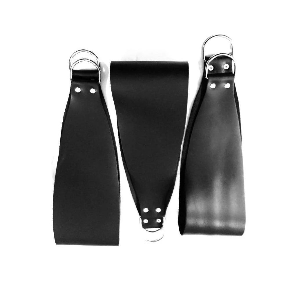 The three black leather stirrups with silver hardware are shown next to each other against a blank background.