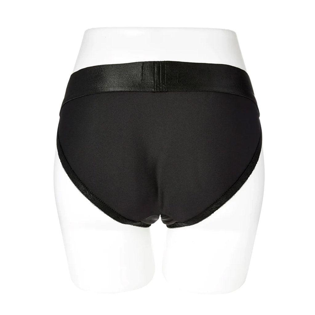 The Em.Ex. Silhouette Crotchless Strapon Harness is displayed from the back on the lower half of a mannequin against a blank background.
