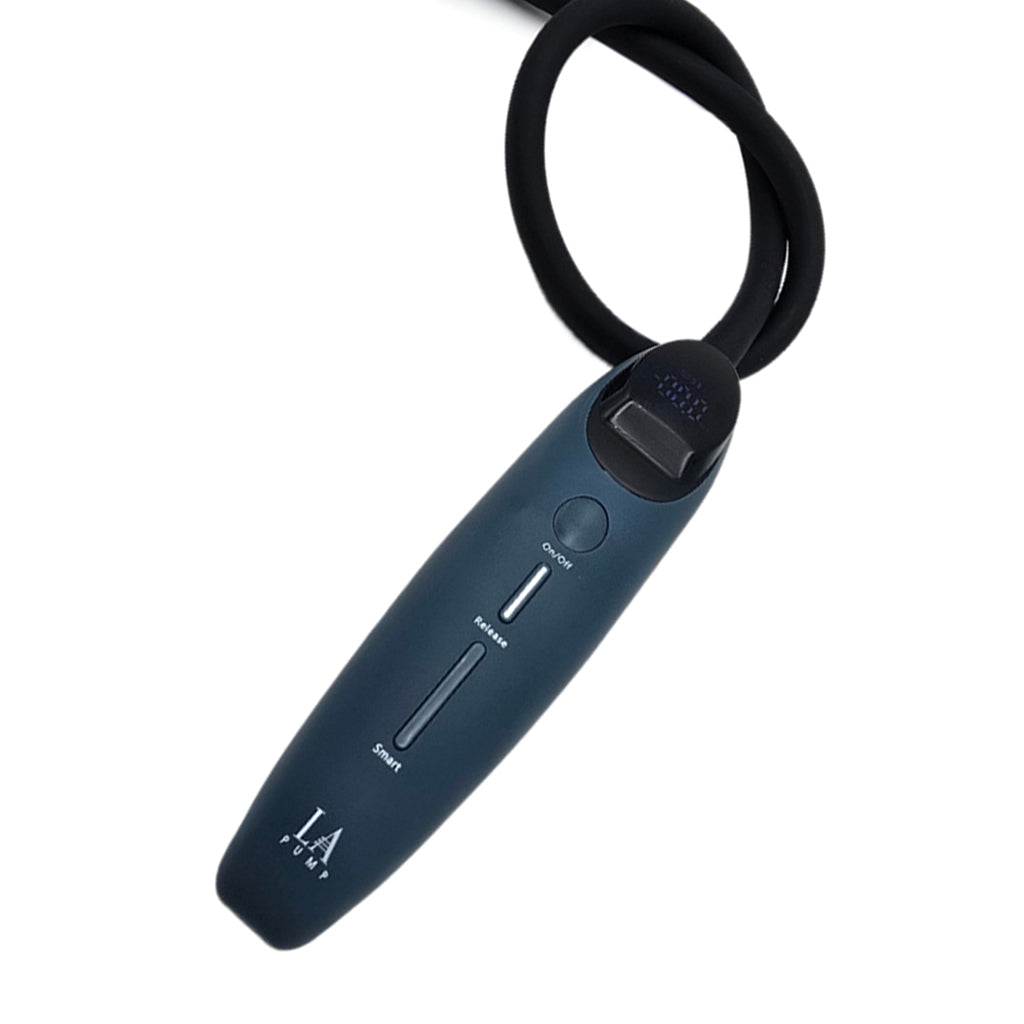 The Hush Pump Portable Electric Hand Pump is shown against a blank background. The pump is a dark blue-grey color and has an LED display with three buttons underneath. A black tube is connected to the top.