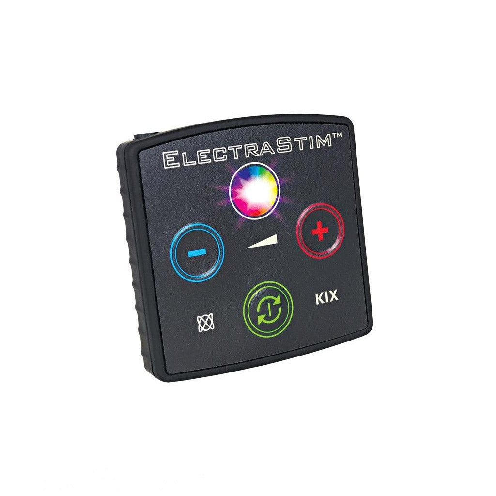 The Electrastim Kix Electrosex Stimulator is shown against a blank background. The controller is a small black square with three buttons on it and a colorful circle on top.