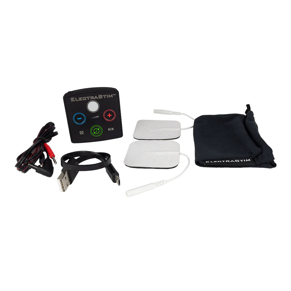 The contents of the The Electrastim Kix Electrosex Stimulator are shown against a blank background. The contents include the Kix Stimulator, two electro pads, an output cable, a charger, and a cloth case.