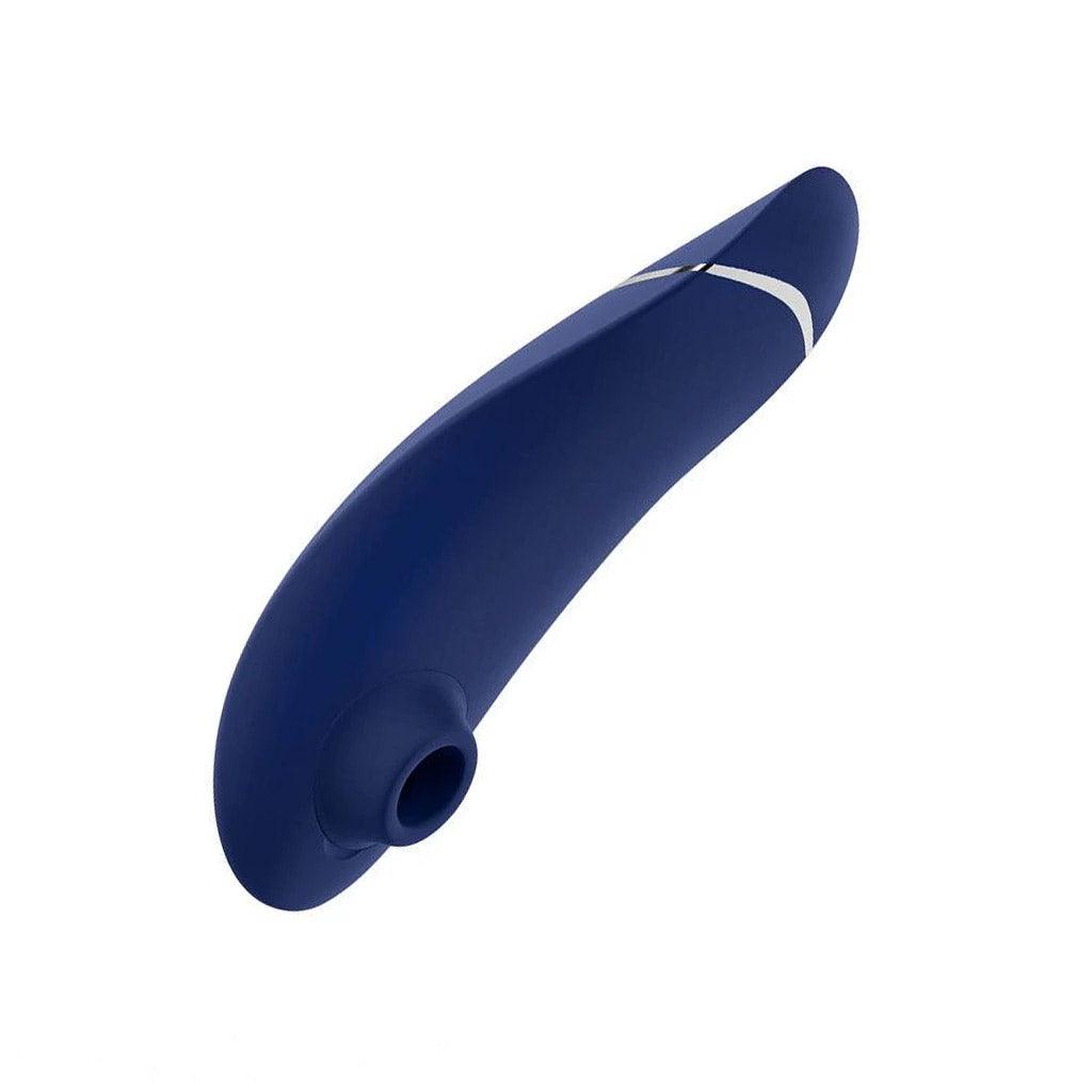 The Womanizer Premium 2 Vibrator in blueberry color, shown on a white background. It is seen from the front, so the suction point can be seen clearly.