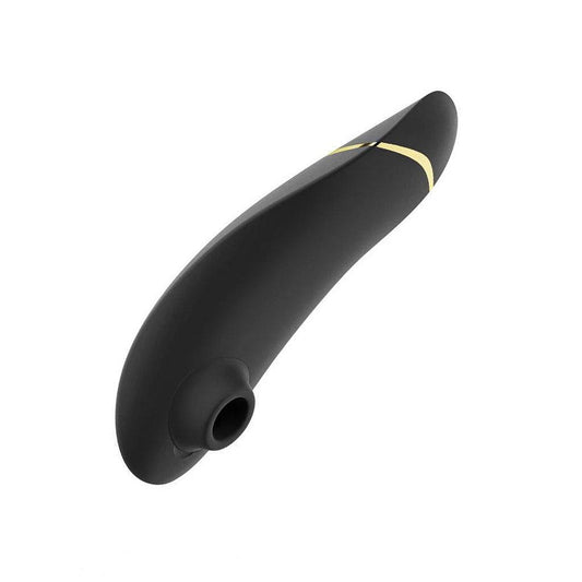 The Womanizer Premium 2 Vibrator in black, shown on a white background. It is seen from the front, so the suction point can be seen clearly.