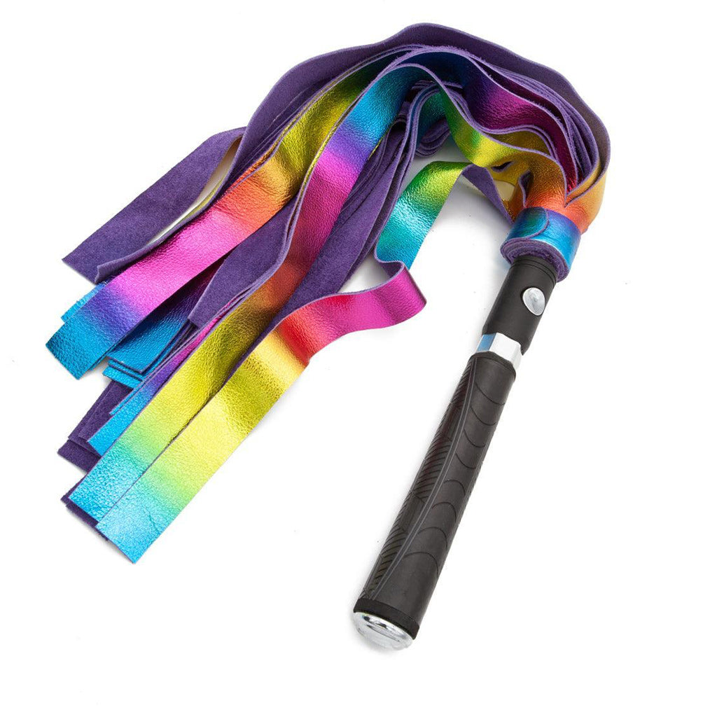 The Metallic Cow Leather Interchangeable Flogger Head 1" in Rainbow is shown attached to the Black Interchangeable Handle against a blank background.